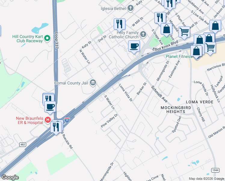 map of restaurants, bars, coffee shops, grocery stores, and more near 2864 Sunset Drive in New Braunfels