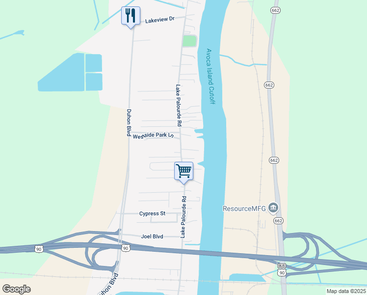 map of restaurants, bars, coffee shops, grocery stores, and more near 115 Bailey Lane in Morgan City