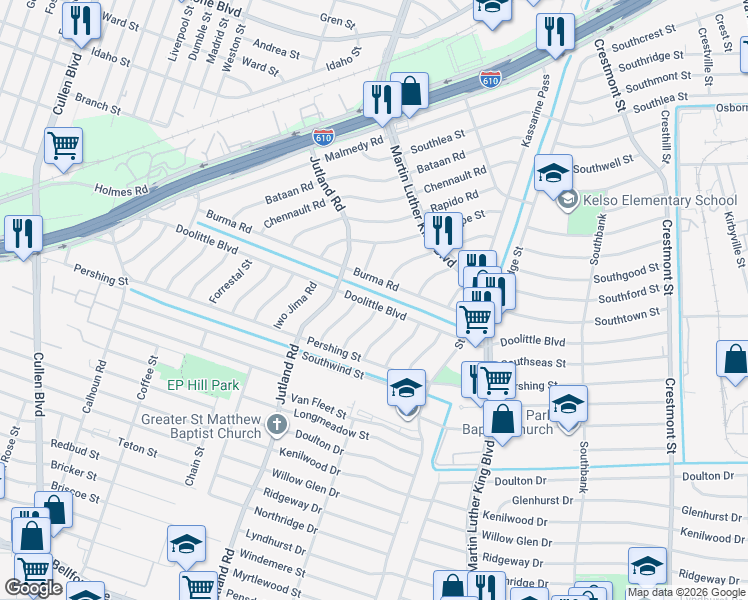 map of restaurants, bars, coffee shops, grocery stores, and more near 5217 Doolittle Boulevard in Houston