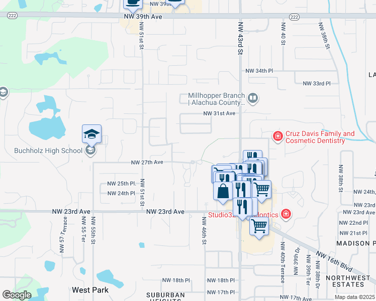 map of restaurants, bars, coffee shops, grocery stores, and more near 4706 Northwest 27 Place in Gainesville
