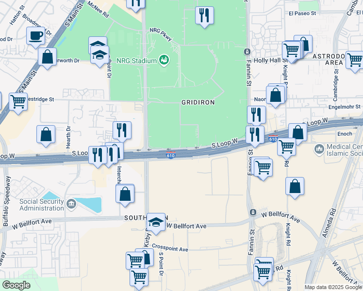map of restaurants, bars, coffee shops, grocery stores, and more near 2020 South Loop West in Houston