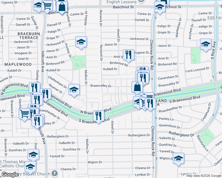 map of restaurants, bars, coffee shops, grocery stores, and more near 5454 Braesvalley Drive in Houston