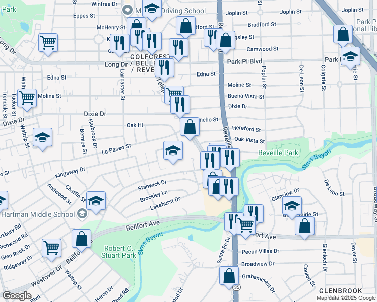map of restaurants, bars, coffee shops, grocery stores, and more near 6000 Telephone Road in Houston
