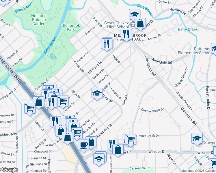 map of restaurants, bars, coffee shops, grocery stores, and more near 8223 Elrod Street in Houston