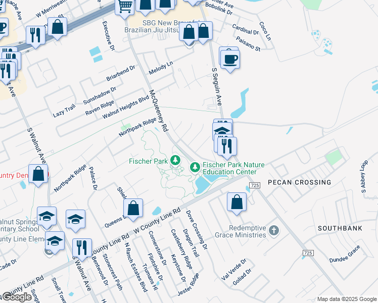 map of restaurants, bars, coffee shops, grocery stores, and more near 2226 Hidden Meadow in New Braunfels