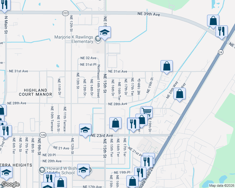 map of restaurants, bars, coffee shops, grocery stores, and more near 2909 Northeast 16th Terrace in Gainesville
