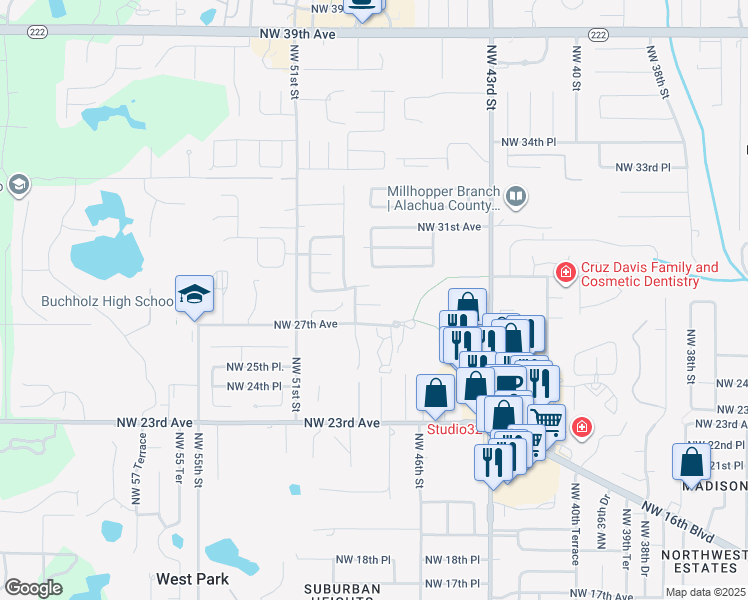 map of restaurants, bars, coffee shops, grocery stores, and more near 4706 Northwest 27 Place in Gainesville
