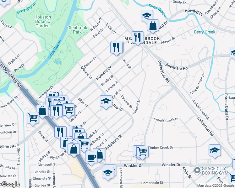 map of restaurants, bars, coffee shops, grocery stores, and more near 8223 Elrod Street in Houston
