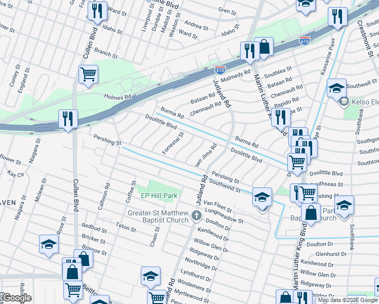map of restaurants, bars, coffee shops, grocery stores, and more near 7330 Hurtgen Forest Road in Houston
