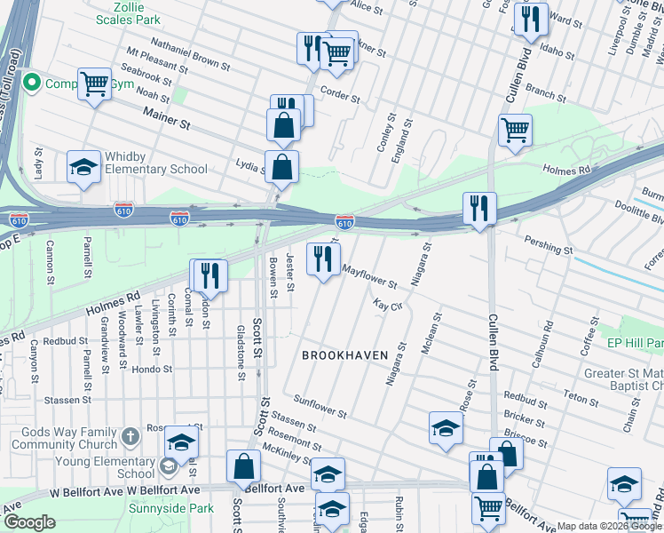 map of restaurants, bars, coffee shops, grocery stores, and more near 1012 Danube Street in Houston