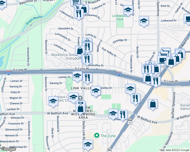 map of restaurants, bars, coffee shops, grocery stores, and more near 9602 Marlive Lane in Houston
