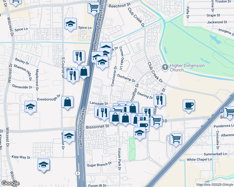 map of restaurants, bars, coffee shops, grocery stores, and more near 9445 Concourse Drive in Houston