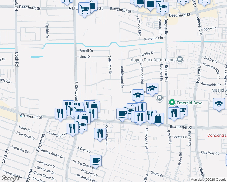 map of restaurants, bars, coffee shops, grocery stores, and more near 9106 Amblewood Drive in Houston