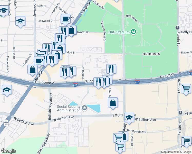 map of restaurants, bars, coffee shops, grocery stores, and more near 2500 South Loop West in Houston