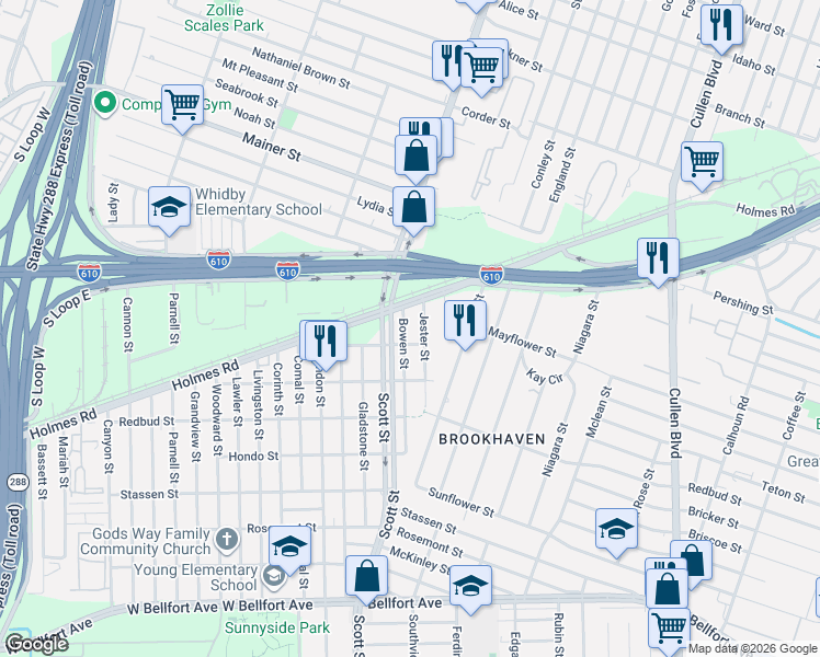 map of restaurants, bars, coffee shops, grocery stores, and more near 7725 Jester Street in Houston