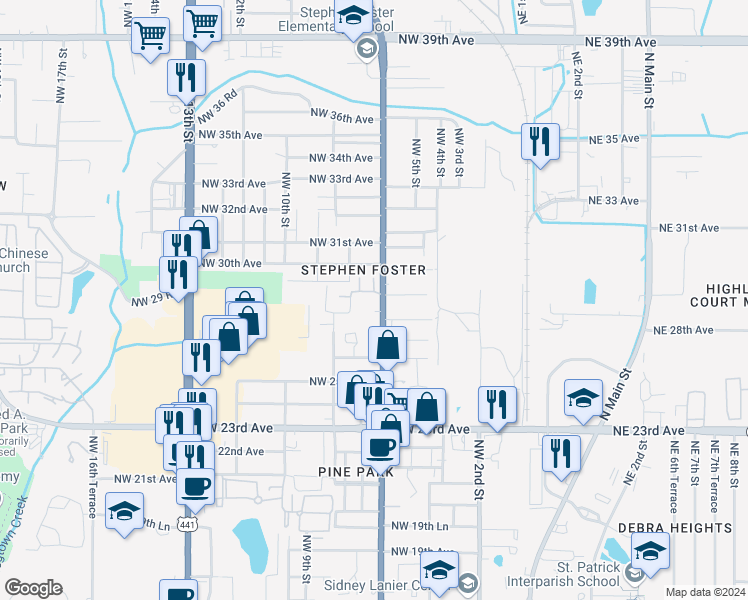 map of restaurants, bars, coffee shops, grocery stores, and more near 2900 Northwest 6th Street in Gainesville