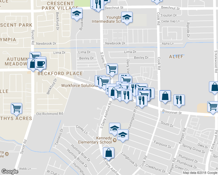 map of restaurants, bars, coffee shops, grocery stores, and more near 9150 S Dairy Ashford St in Houston