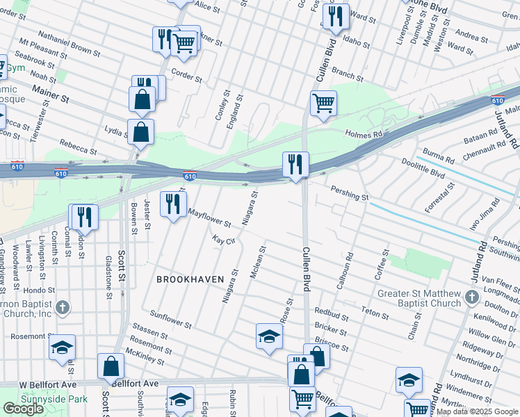 map of restaurants, bars, coffee shops, grocery stores, and more near 1023 Niagara Street in Houston