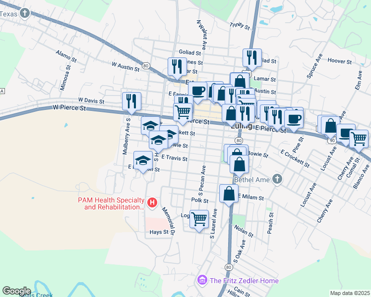 map of restaurants, bars, coffee shops, grocery stores, and more near 306 East Bowie Street in Luling