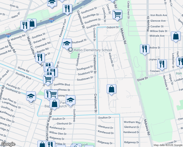 map of restaurants, bars, coffee shops, grocery stores, and more near 5954 Southford Street in Houston