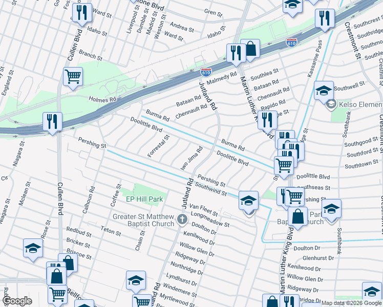 map of restaurants, bars, coffee shops, grocery stores, and more near 7314 Iwo Jima Road in Houston