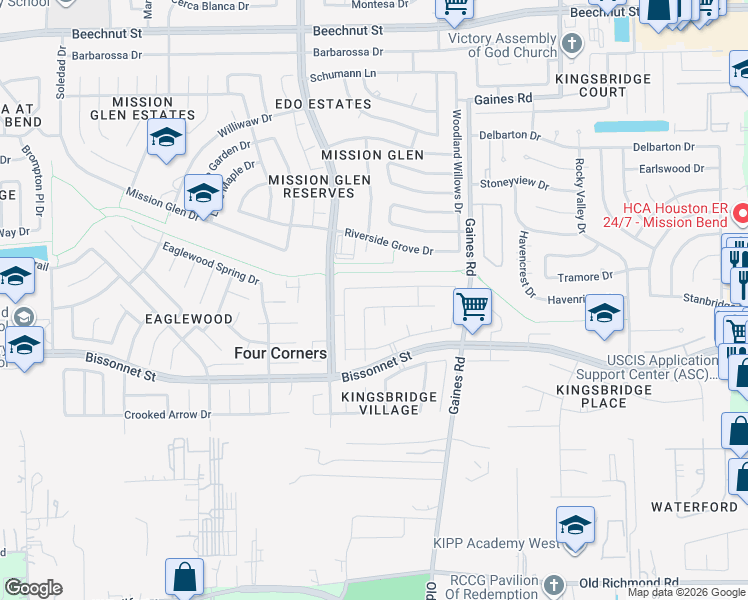 map of restaurants, bars, coffee shops, grocery stores, and more near 15335 Lynford Crest Drive in Houston
