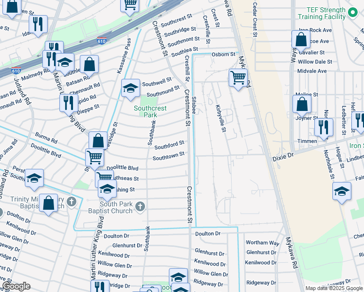 map of restaurants, bars, coffee shops, grocery stores, and more near 5954 Southford Street in Houston