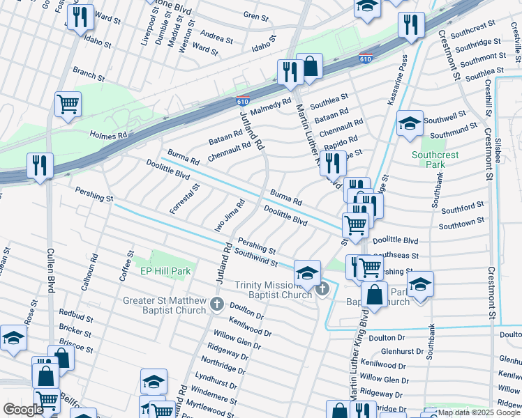 map of restaurants, bars, coffee shops, grocery stores, and more near 7303 Jutland Road in Houston
