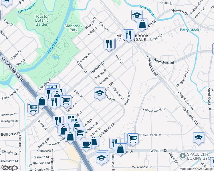 map of restaurants, bars, coffee shops, grocery stores, and more near 8223 Elrod St in Houston