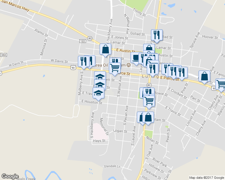 map of restaurants, bars, coffee shops, grocery stores, and more near 306 East Bowie Street in Luling