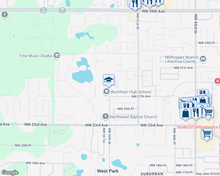 map of restaurants, bars, coffee shops, grocery stores, and more near 5510 Northwest 27th Avenue in Gainesville