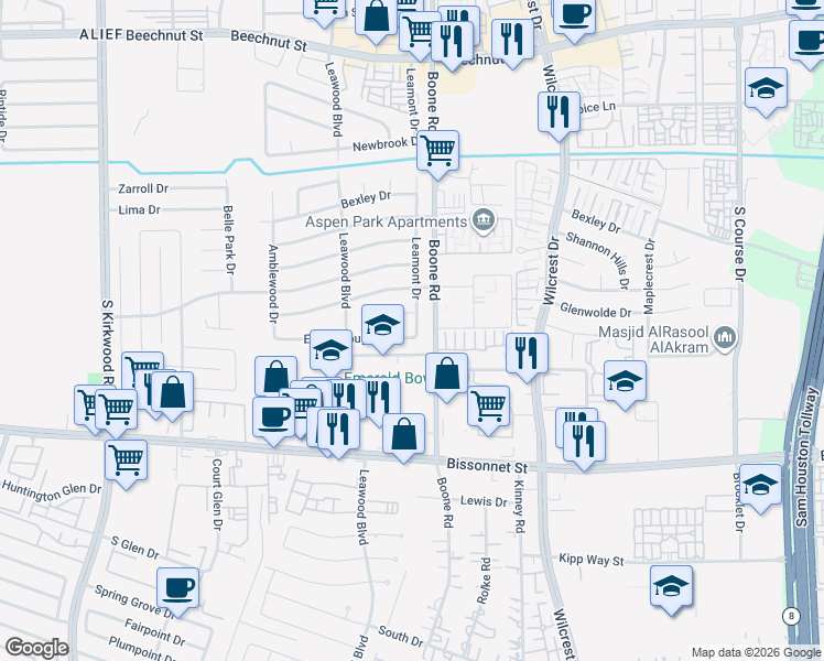 map of restaurants, bars, coffee shops, grocery stores, and more near 11210 Evesborough Drive in Houston