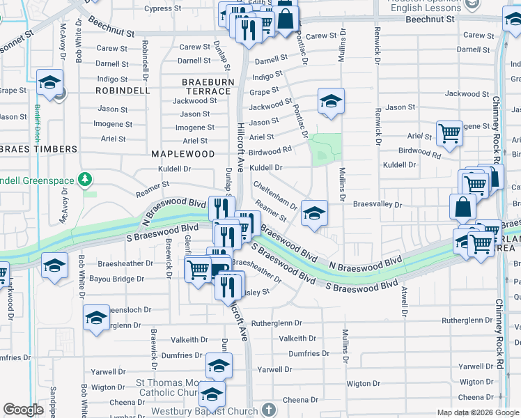 map of restaurants, bars, coffee shops, grocery stores, and more near 5735 Reamer Street in Houston