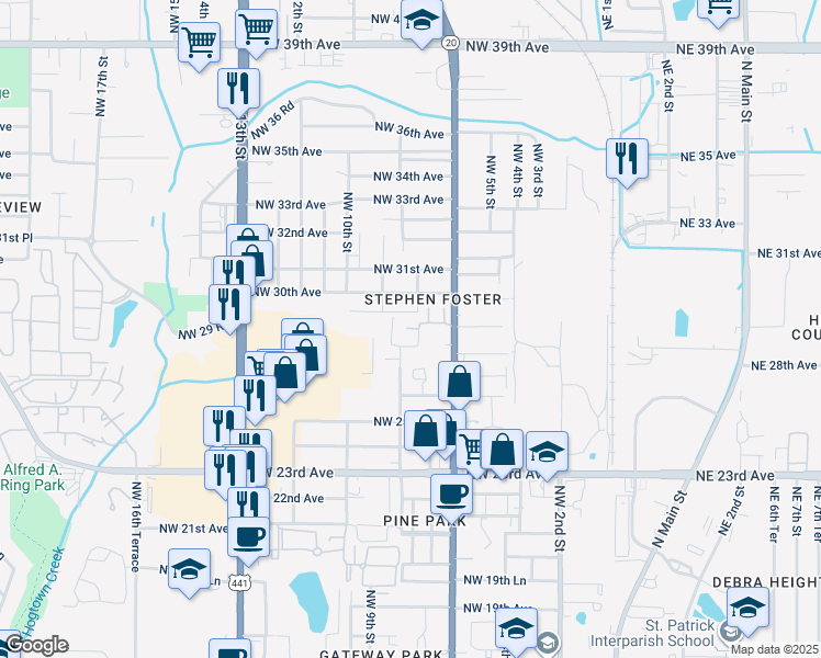 map of restaurants, bars, coffee shops, grocery stores, and more near 685 Northwest 29th Avenue in Gainesville