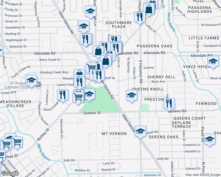map of restaurants, bars, coffee shops, grocery stores, and more near 2215 Allen Genoa Road in Pasadena