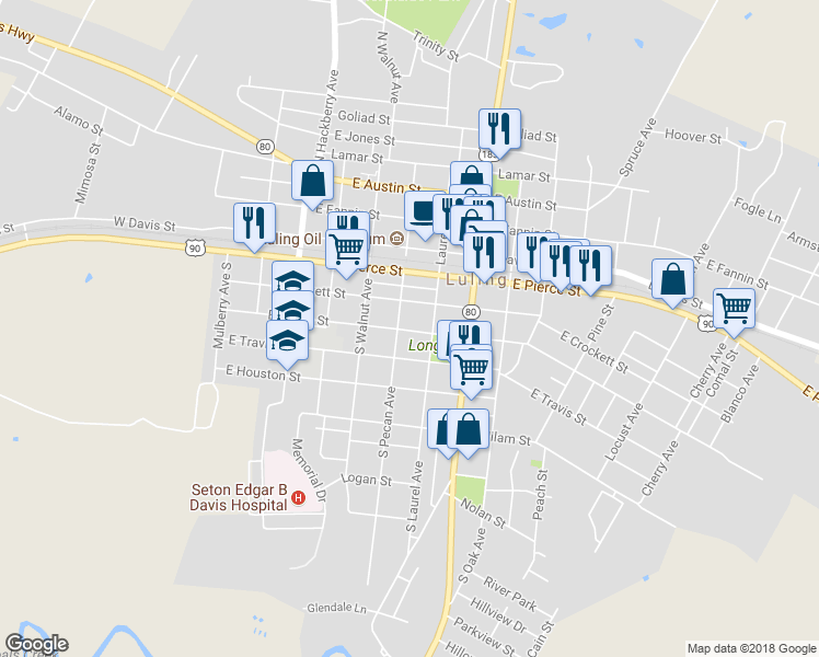 map of restaurants, bars, coffee shops, grocery stores, and more near 509 East Bowie Street in Luling