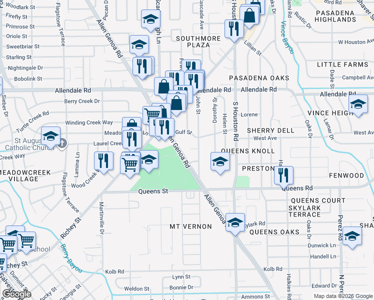 map of restaurants, bars, coffee shops, grocery stores, and more near 2215 Allen Genoa Road in Pasadena