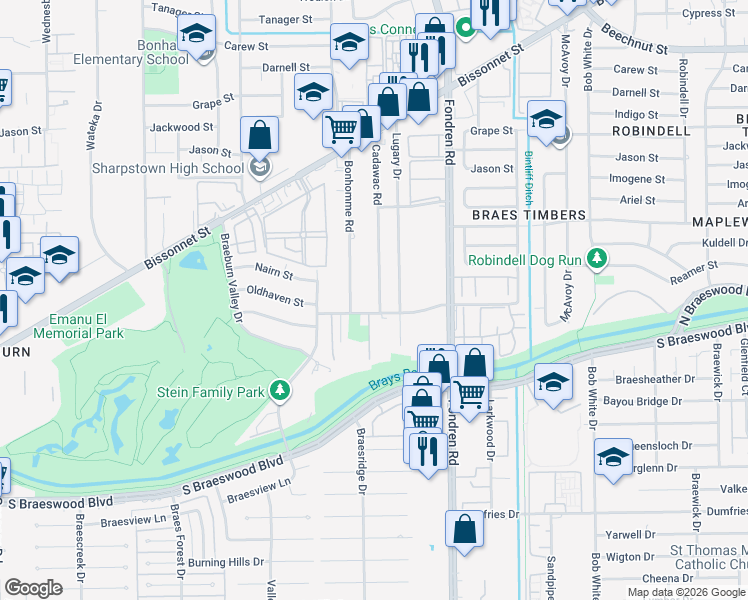map of restaurants, bars, coffee shops, grocery stores, and more near 9207 Bonhomme Road in Houston