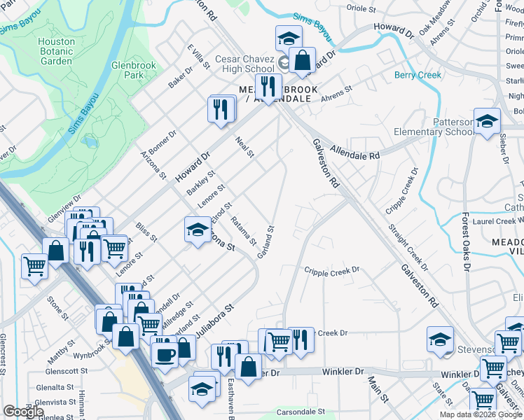 map of restaurants, bars, coffee shops, grocery stores, and more near 5203 Lantana Street in Houston