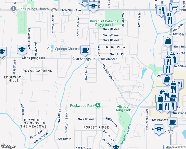 map of restaurants, bars, coffee shops, grocery stores, and more near 2129 Northwest 29th Avenue in Gainesville