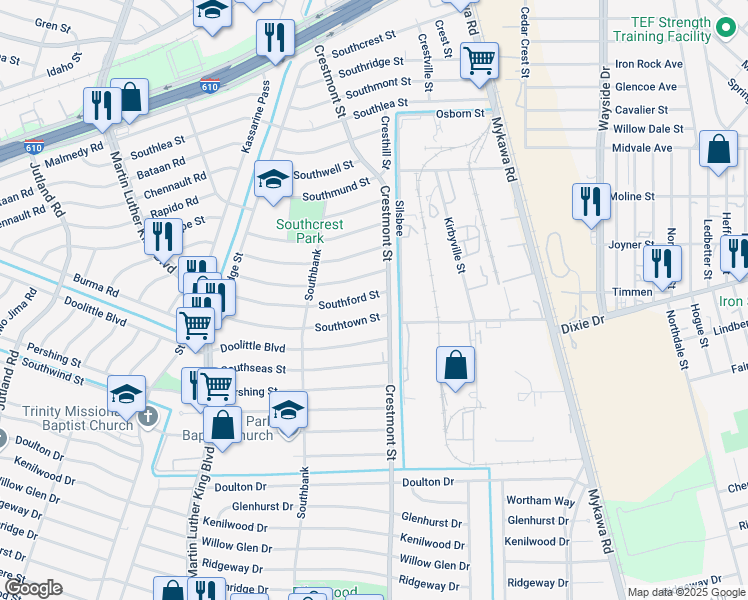 map of restaurants, bars, coffee shops, grocery stores, and more near 5954 Southford Street in Houston