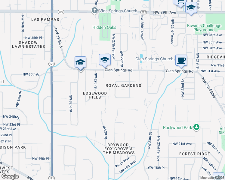 map of restaurants, bars, coffee shops, grocery stores, and more near 2830 Northwest 27th Terrace in Gainesville