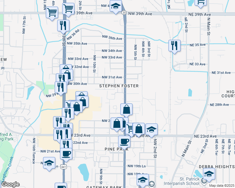 map of restaurants, bars, coffee shops, grocery stores, and more near 685 Northwest 29th Avenue in Gainesville