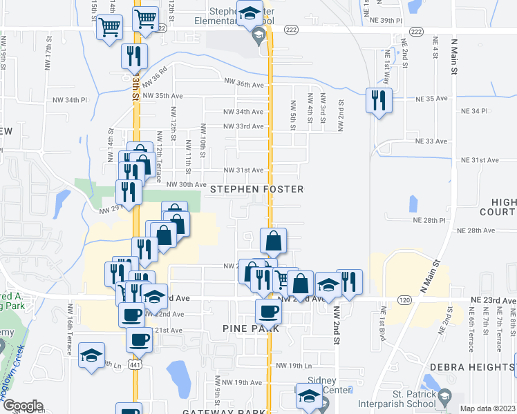 map of restaurants, bars, coffee shops, grocery stores, and more near 621 Northwest 29th Avenue in Gainesville