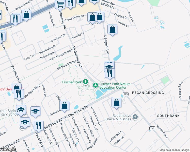 map of restaurants, bars, coffee shops, grocery stores, and more near 345 Placid Meadow in New Braunfels