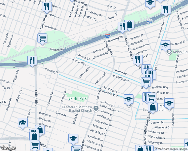 map of restaurants, bars, coffee shops, grocery stores, and more near 7330 Hurtgen Forest Road in Houston