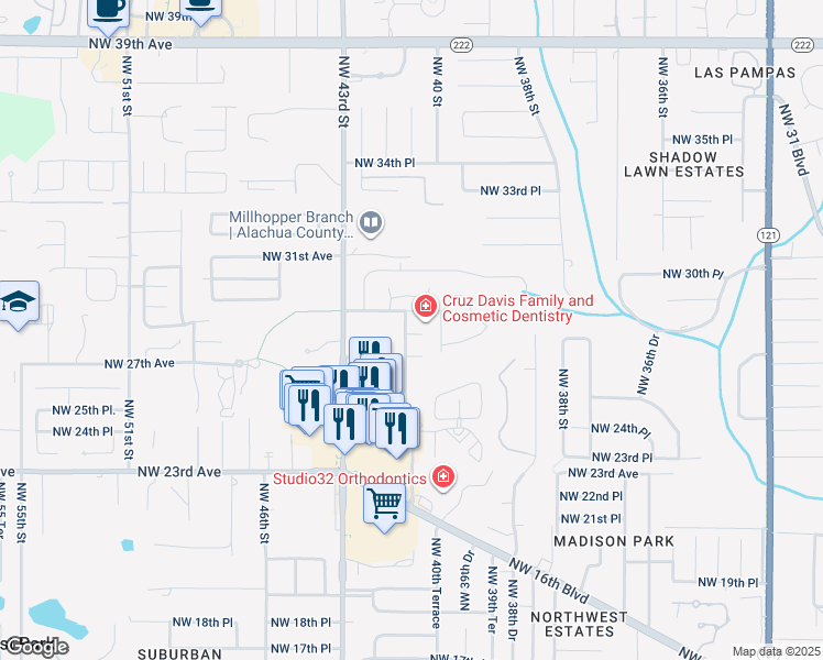 map of restaurants, bars, coffee shops, grocery stores, and more near 2833 Northwest 41 Street in Gainesville