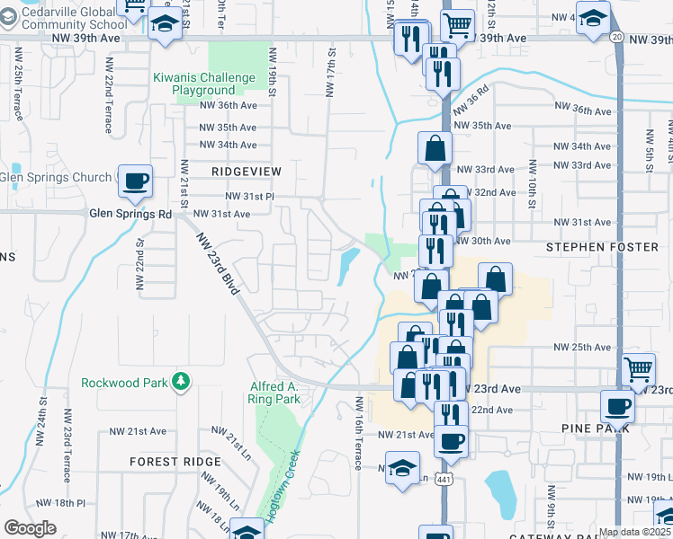 map of restaurants, bars, coffee shops, grocery stores, and more near 1603 Northwest 29 Road in Gainesville