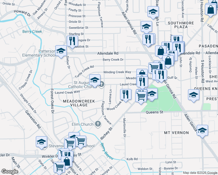 map of restaurants, bars, coffee shops, grocery stores, and more near 2107 Lamina Lane in Houston
