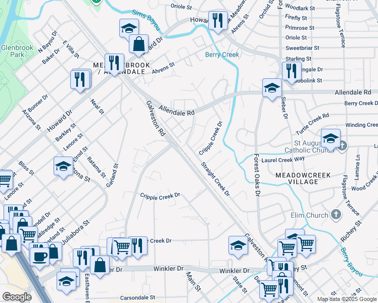 map of restaurants, bars, coffee shops, grocery stores, and more near 2124 Straight Creek Drive in Houston